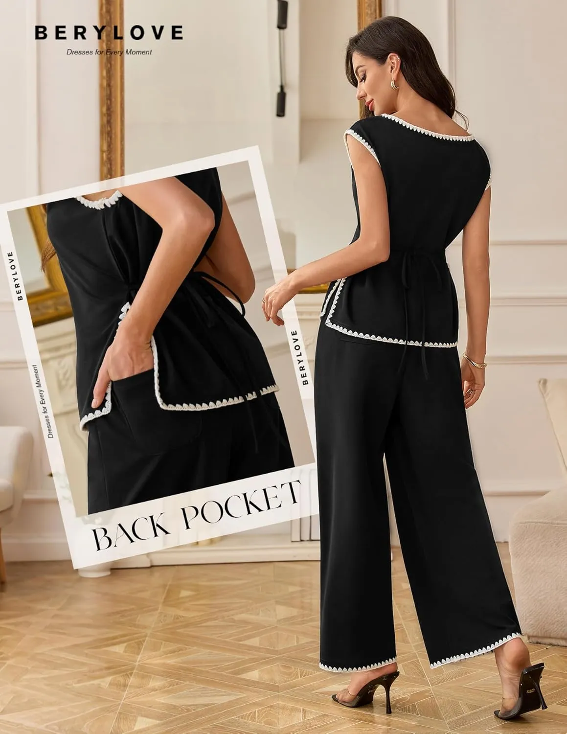 BeryLove Two Piece Sets for Women Summer Outfits Lounge Sets Cap Sleeve Tops Wide Leg Crop Pants Vacation Travel Outfits