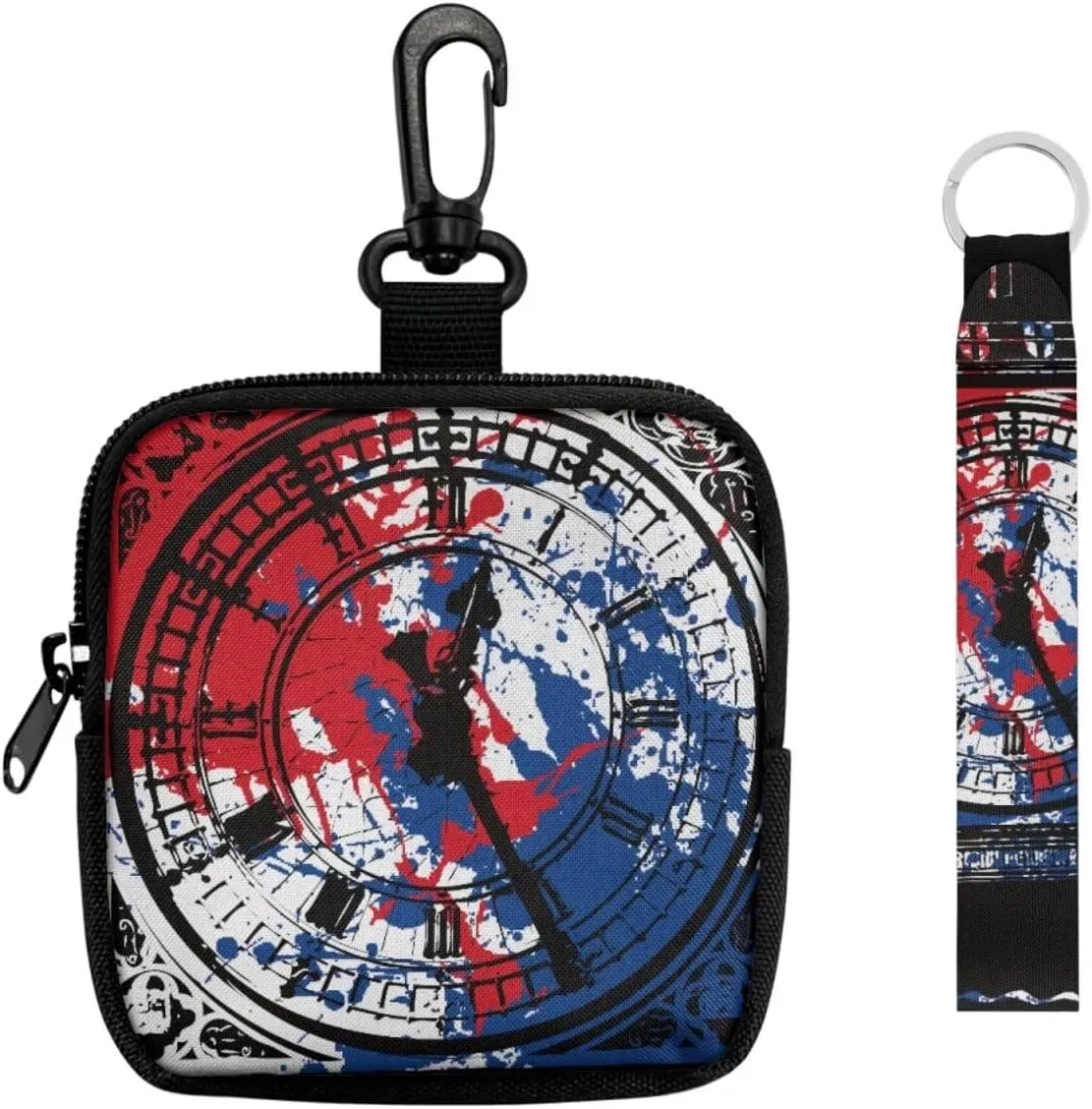 Big Ben Print Mini Wallet Change Purse with Keychain, Painting Red Blue Clock Face Printed Small Coin Purse Tactical Wallet Minimalist Wallet for Men Women