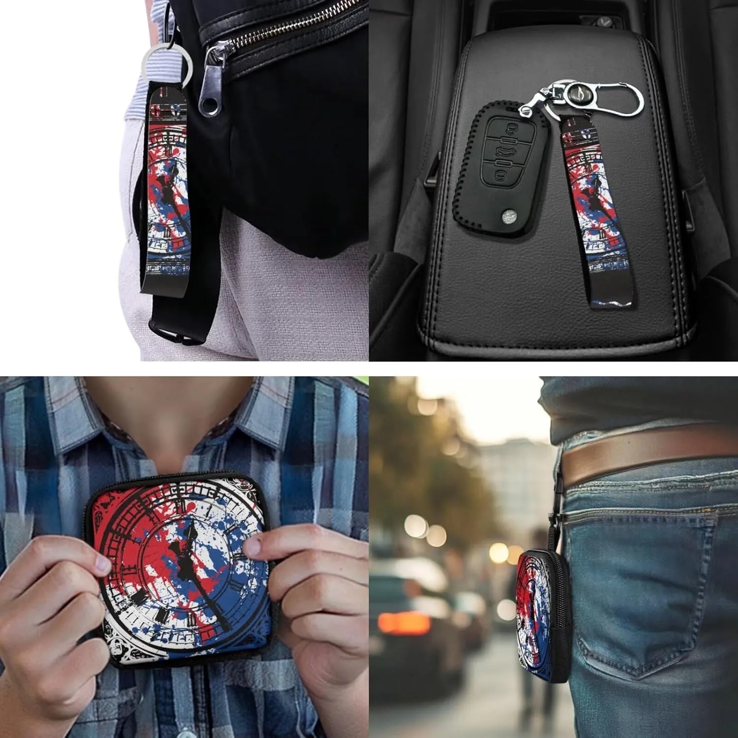Big Ben Print Mini Wallet Change Purse with Keychain, Painting Red Blue Clock Face Printed Small Coin Purse Tactical Wallet Minimalist Wallet for Men Women