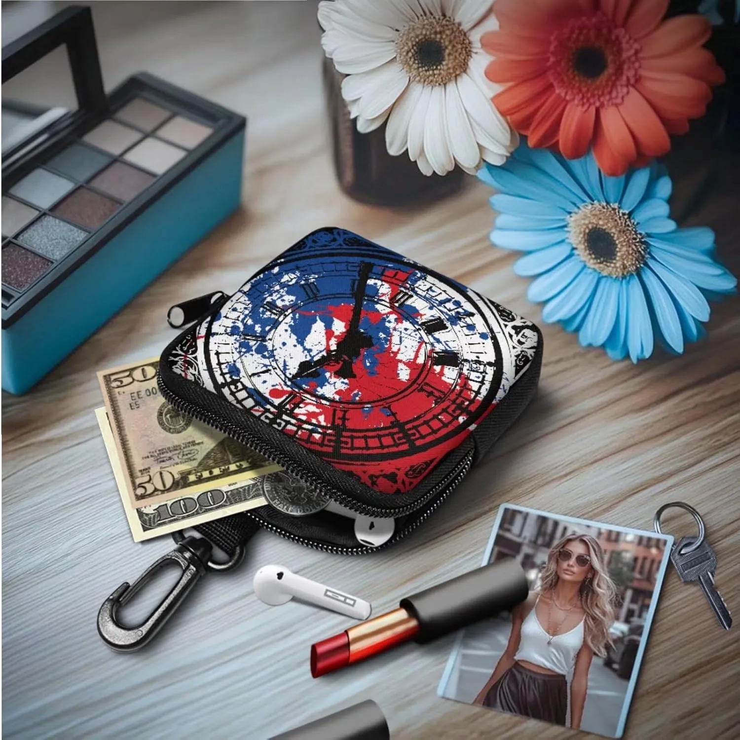 Big Ben Print Mini Wallet Change Purse with Keychain, Painting Red Blue Clock Face Printed Small Coin Purse Tactical Wallet Minimalist Wallet for Men Women