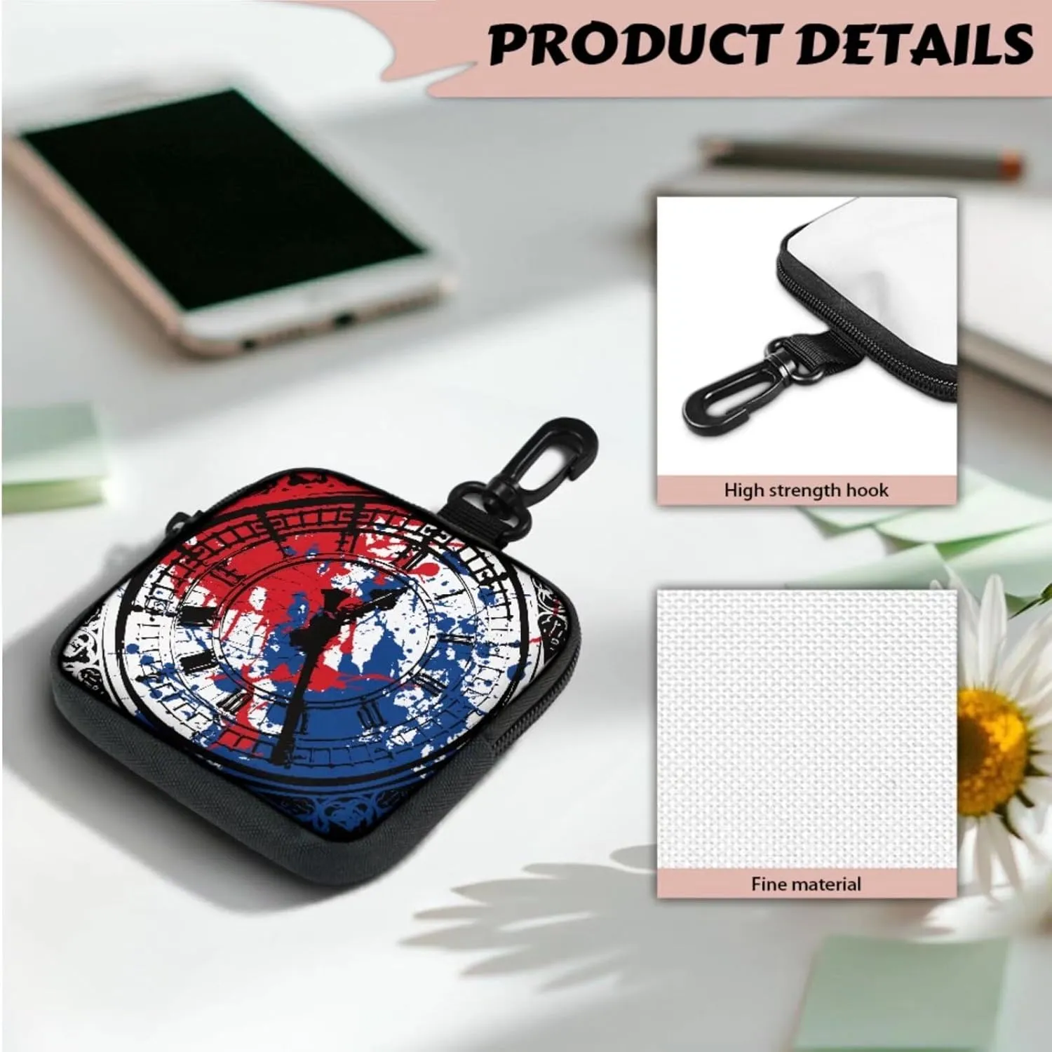 Big Ben Print Mini Wallet Change Purse with Keychain, Painting Red Blue Clock Face Printed Small Coin Purse Tactical Wallet Minimalist Wallet for Men Women