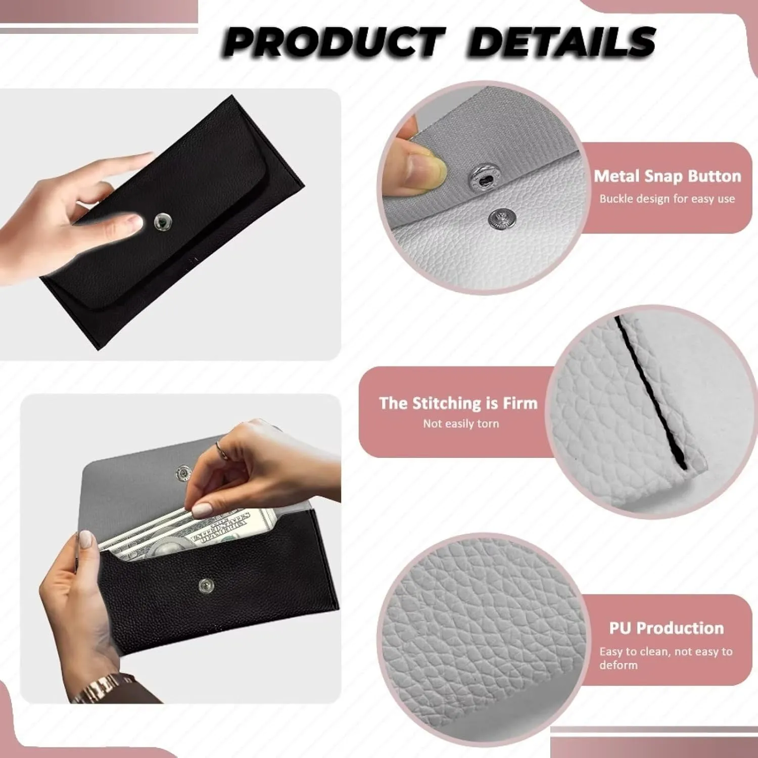Black Cat Wallet Women Casual Small Portable Travel Business Leather Clutch Bags Lightweight Cash Purses with Metal Snap Button for Ladies Girls Womens Everyday Bag Pouch
