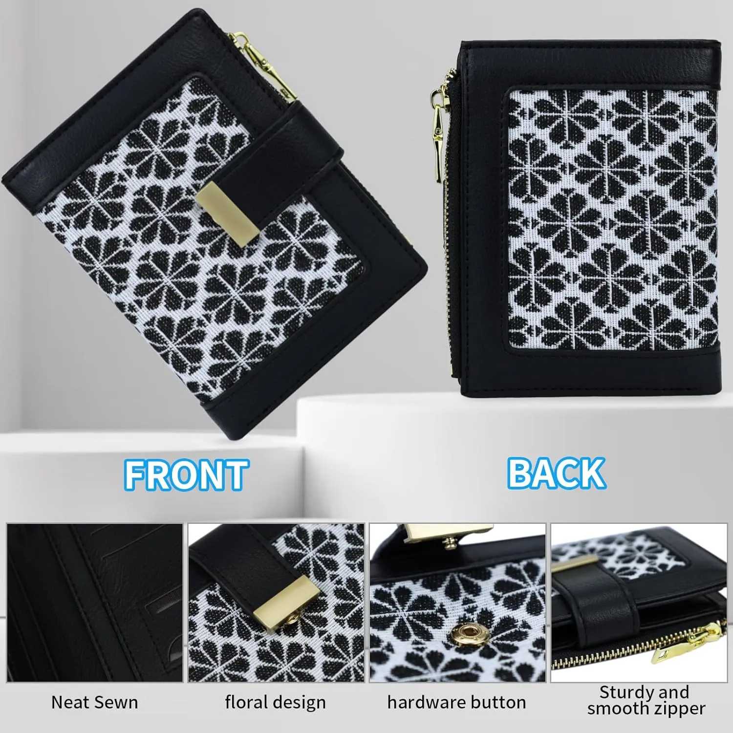 Black RFID Blocking Wallet for Women Small Leather Coin Purse with Flower Design Minimalist Credit Card Holder and ID Window Cute Travel Cash Wallet for Women