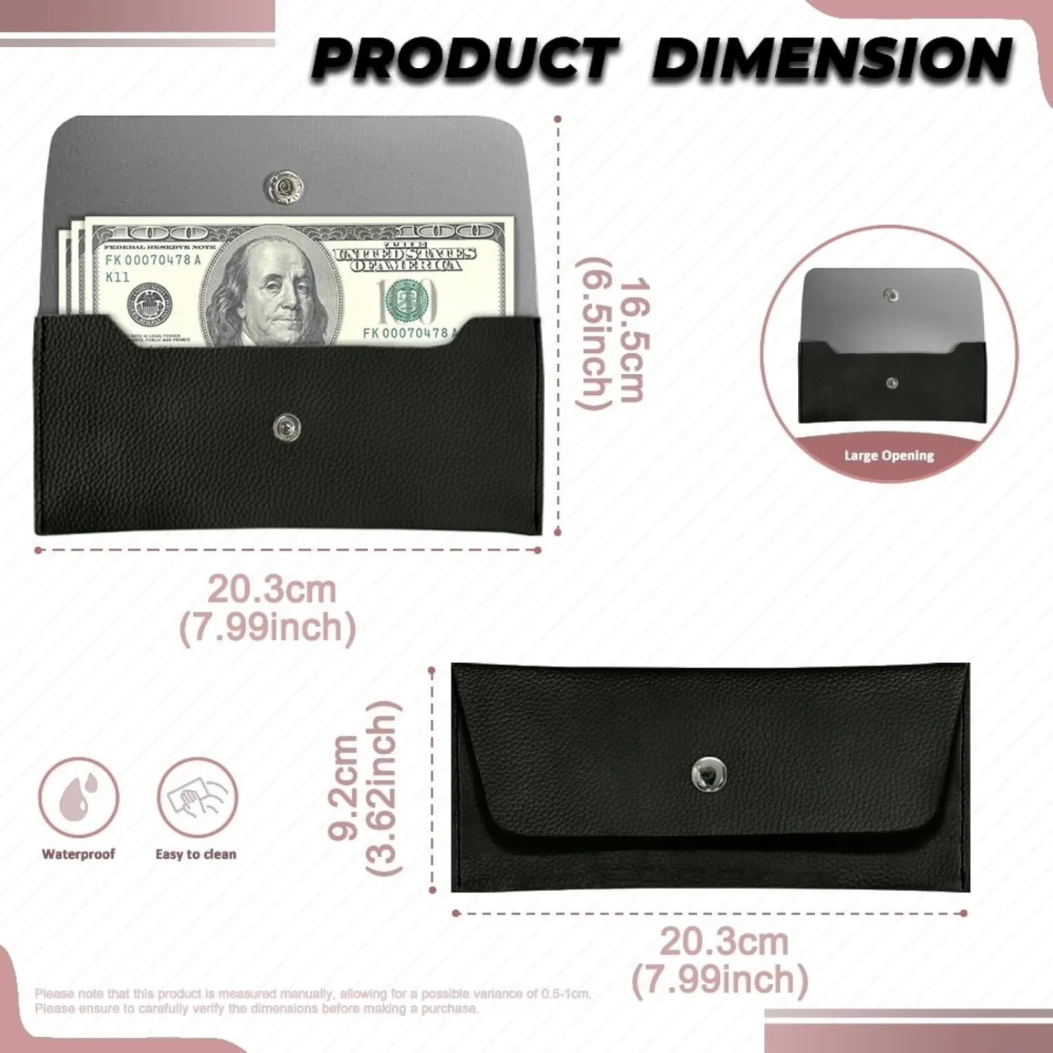 Black Slim Wallet for Ladies Trendy Travel Business Leather Clutch Bag Portable Cash Purse with Metal Snap Button for Womens Girls Daily Outdoors Use