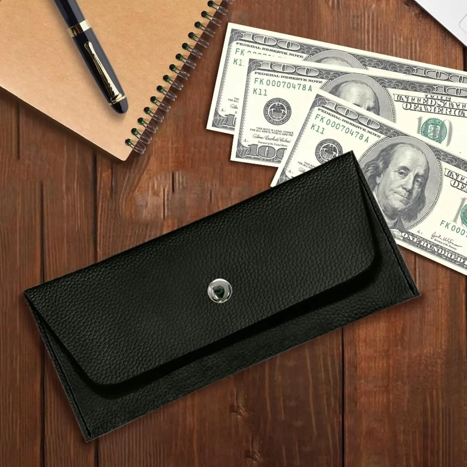 Black Slim Wallet for Ladies Trendy Travel Business Leather Clutch Bag Portable Cash Purse with Metal Snap Button for Womens Girls Daily Outdoors Use