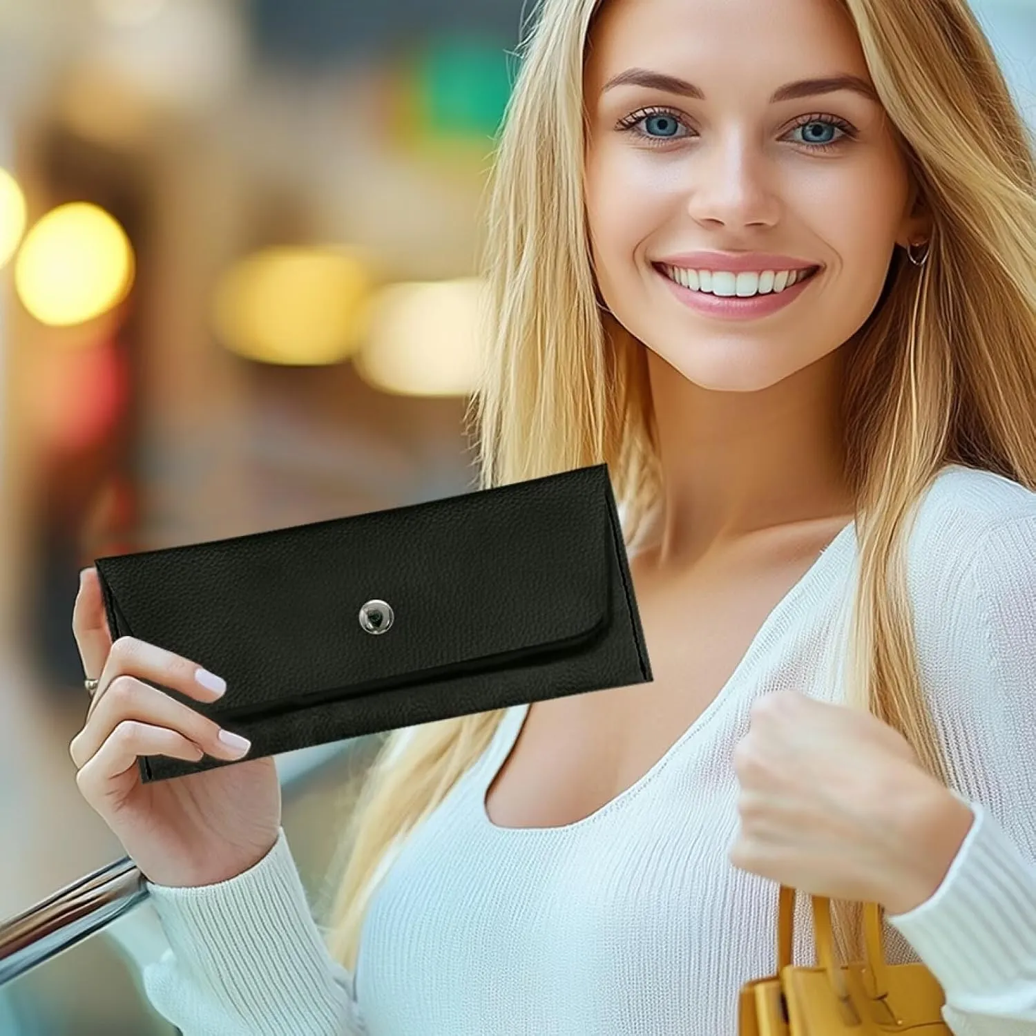 Black Slim Wallet for Ladies Trendy Travel Business Leather Clutch Bag Portable Cash Purse with Metal Snap Button for Womens Girls Daily Outdoors Use