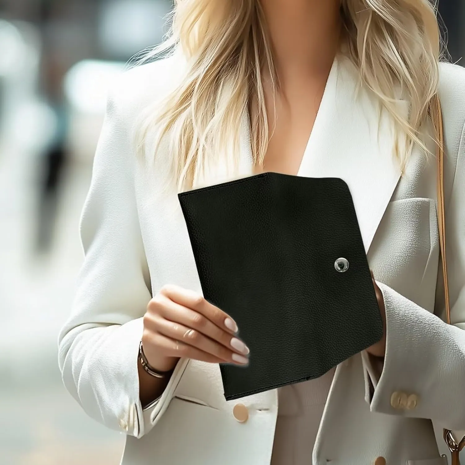 Black Slim Wallet for Ladies Trendy Travel Business Leather Clutch Bag Portable Cash Purse with Metal Snap Button for Womens Girls Daily Outdoors Use
