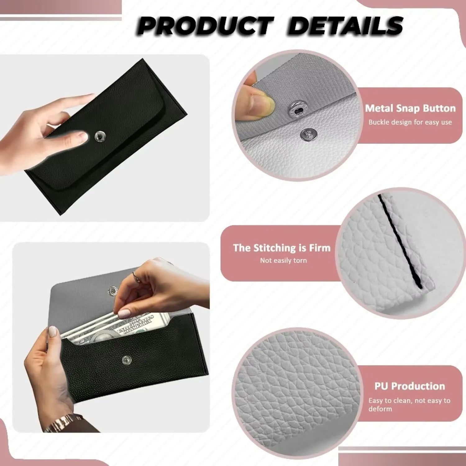 Black Slim Wallet for Ladies Trendy Travel Business Leather Clutch Bag Portable Cash Purse with Metal Snap Button for Womens Girls Daily Outdoors Use