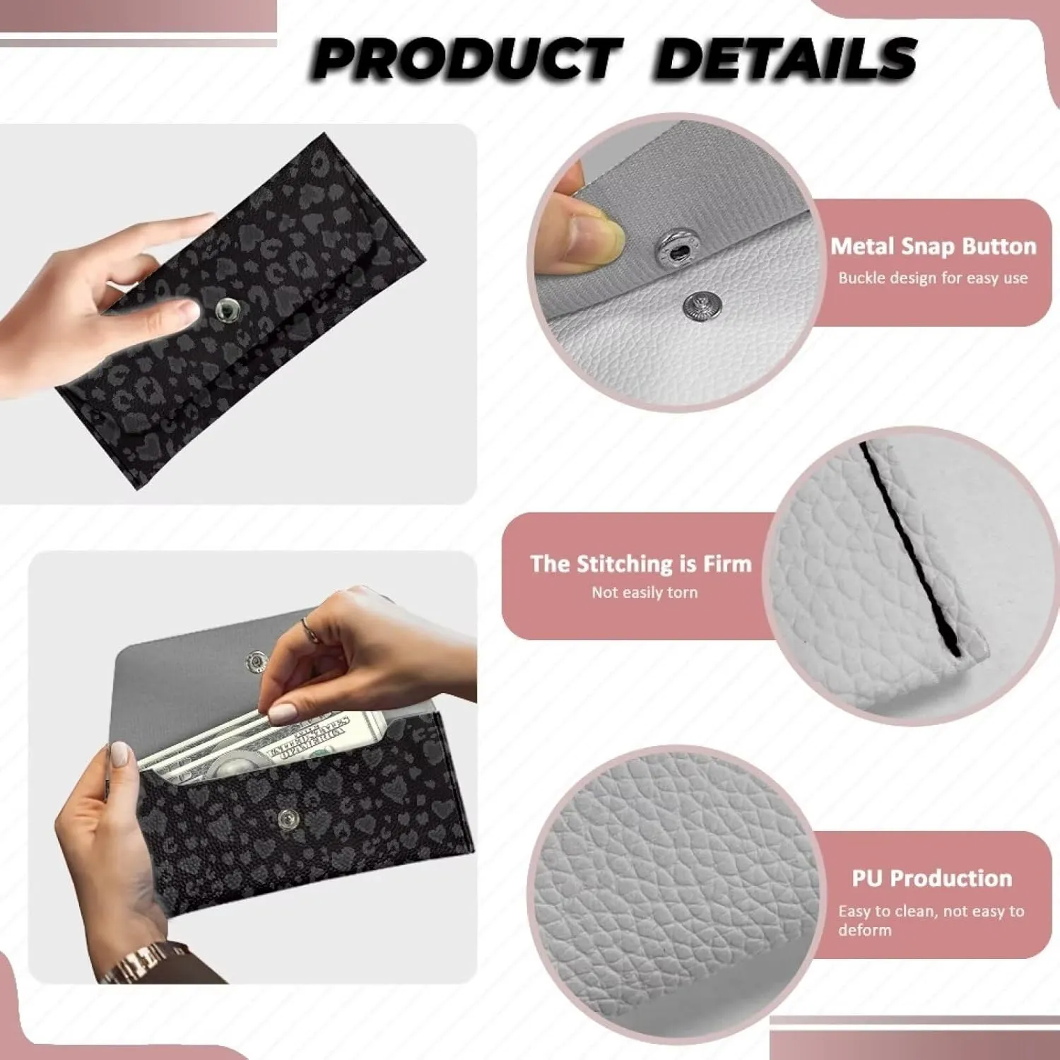 Black Wallet for Womens Casual Lightweight Cash Purse Card Bag with Metal Snap Button for Ladies Girls Fashion Water Resistant Leather Clutch Bag Travel Business Shop Small Satchel