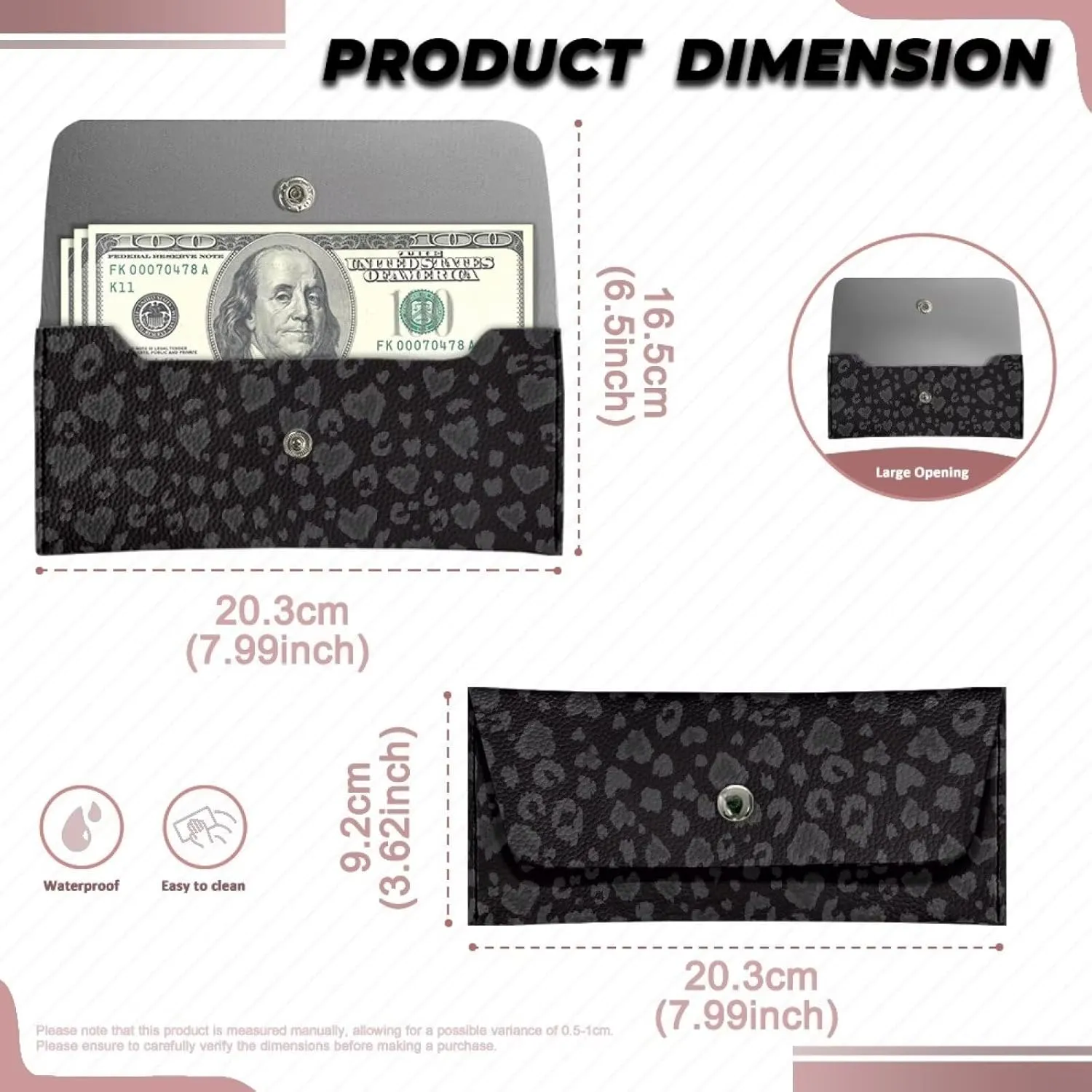 Black Wallet for Womens Casual Lightweight Cash Purse Card Bag with Metal Snap Button for Ladies Girls Fashion Water Resistant Leather Clutch Bag Travel Business Shop Small Satchel