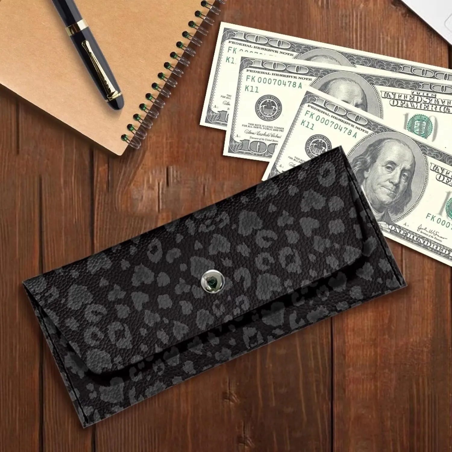 Black Wallet for Womens Casual Lightweight Cash Purse Card Bag with Metal Snap Button for Ladies Girls Fashion Water Resistant Leather Clutch Bag Travel Business Shop Small Satchel
