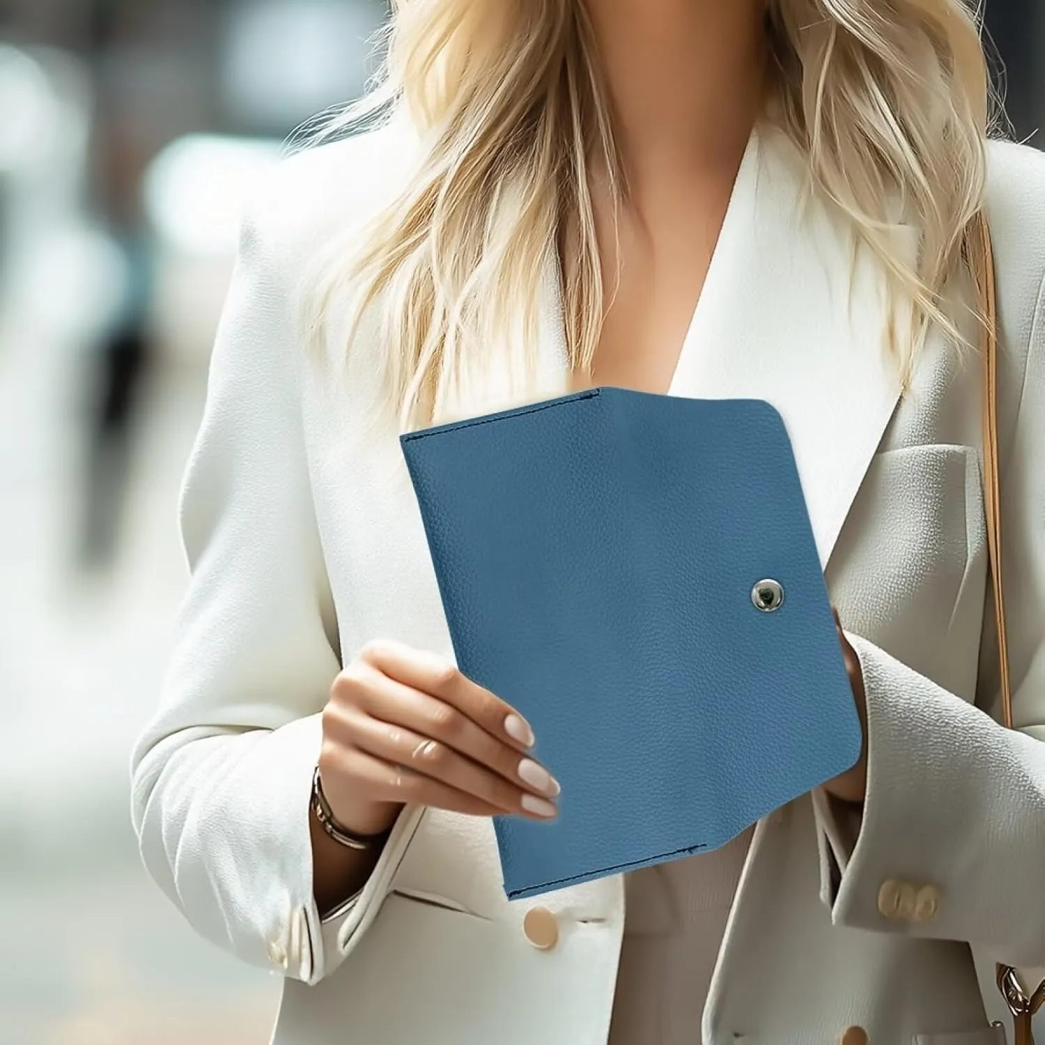 Blue Solid Long Wallet for Womens Casual Lightweight Leather Portable Cash Purse Card Bags with Snap Button Ladies Trendy Clutch Bag for Party Wedding