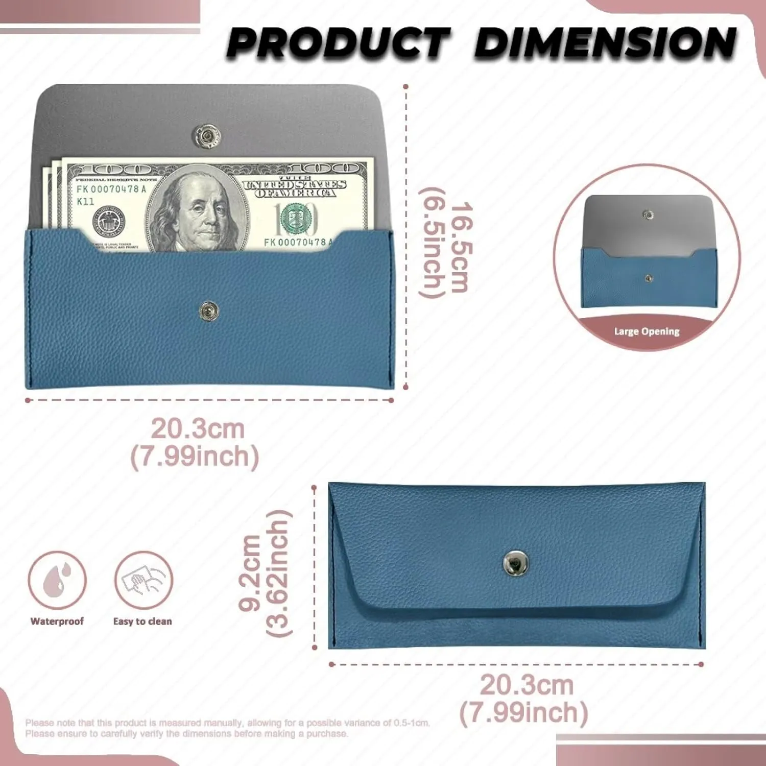 Blue Solid Long Wallet for Womens Casual Lightweight Leather Portable Cash Purse Card Bags with Snap Button Ladies Trendy Clutch Bag for Party Wedding