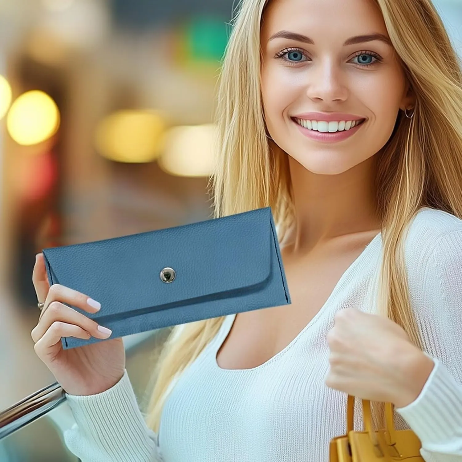 Blue Solid Long Wallet for Womens Casual Lightweight Leather Portable Cash Purse Card Bags with Snap Button Ladies Trendy Clutch Bag for Party Wedding