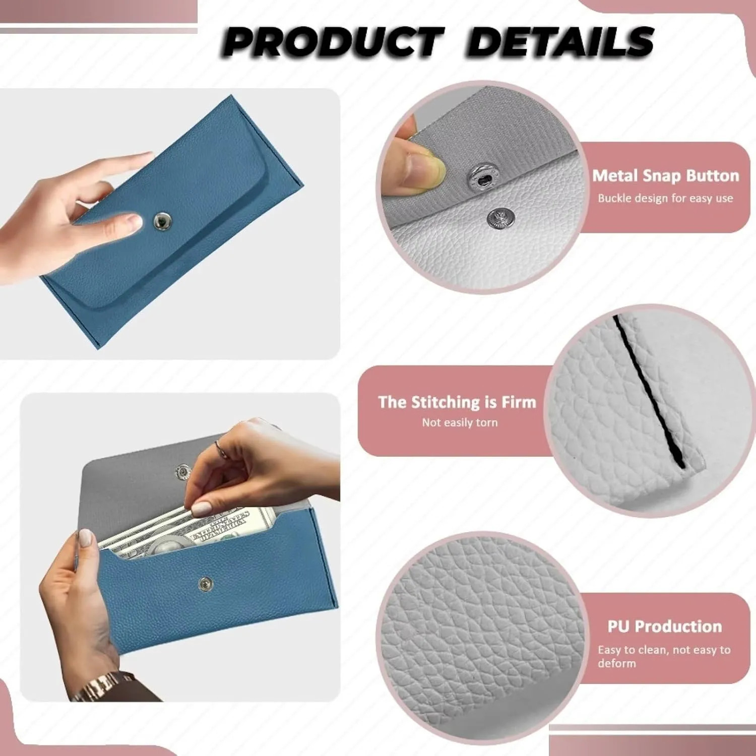 Blue Solid Long Wallet for Womens Casual Lightweight Leather Portable Cash Purse Card Bags with Snap Button Ladies Trendy Clutch Bag for Party Wedding