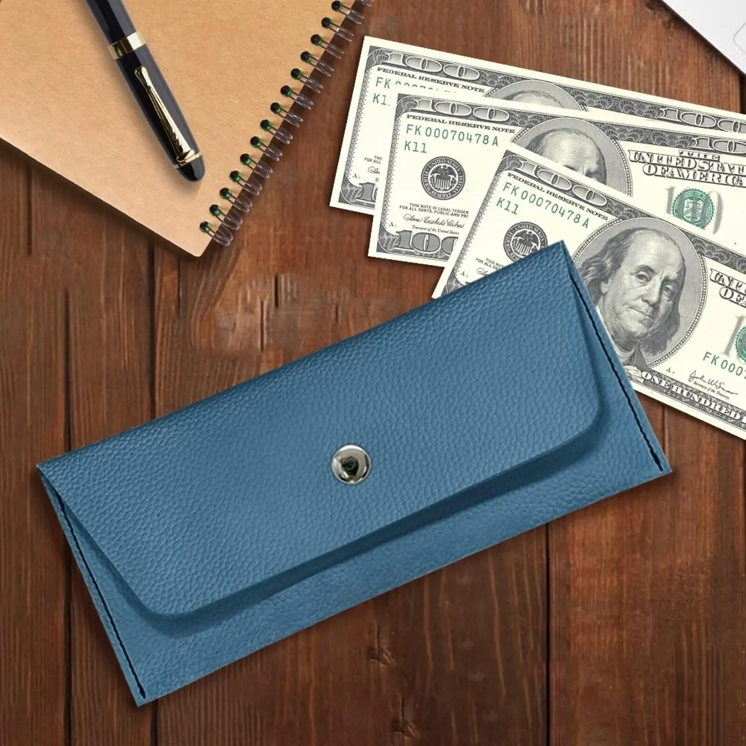 Blue Solid Long Wallet for Womens Casual Lightweight Leather Portable Cash Purse Card Bags with Snap Button Ladies Trendy Clutch Bag for Party Wedding