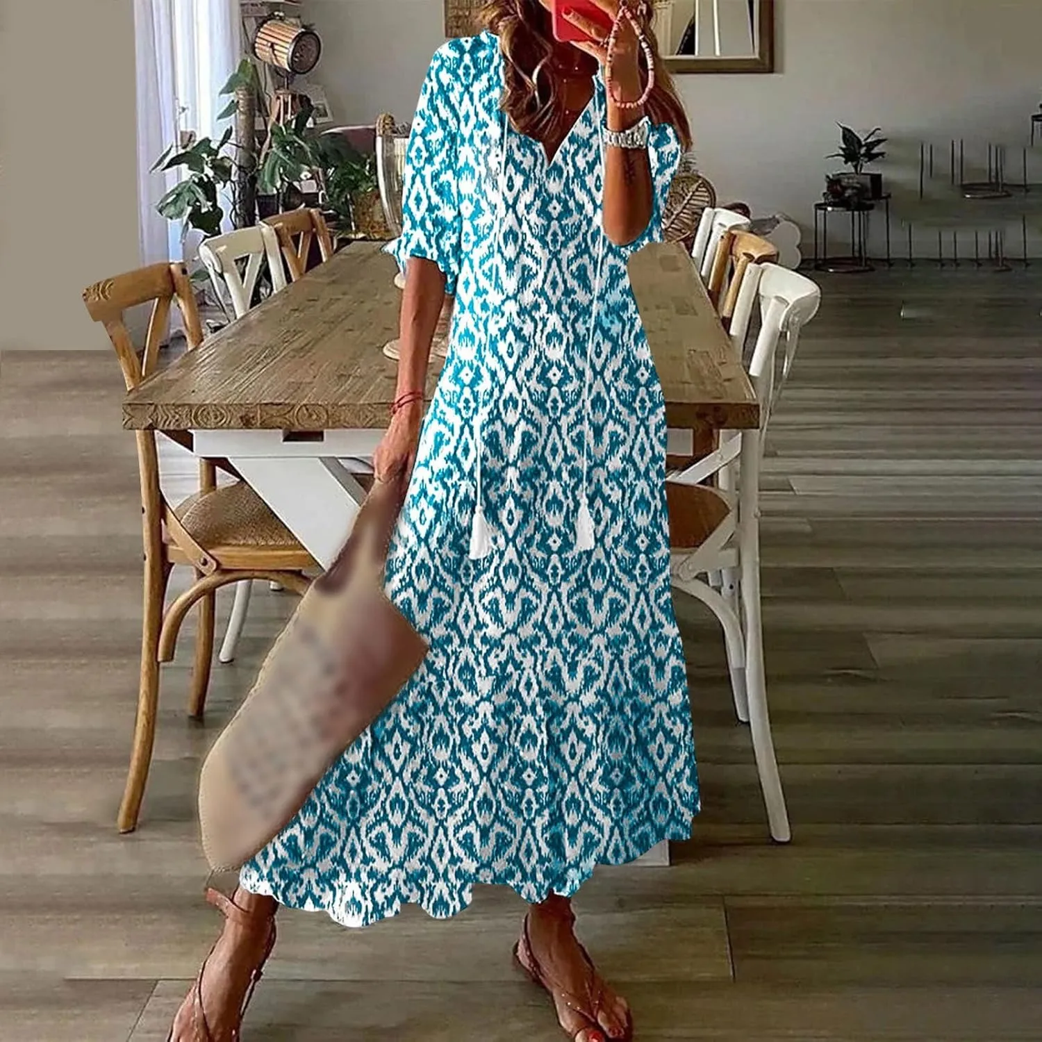 Boho Dress for Women Tassel V Neck Short Sleeve Maxi Dresses Ruffle Floral Printed Flowy A-Line Beach Dresses