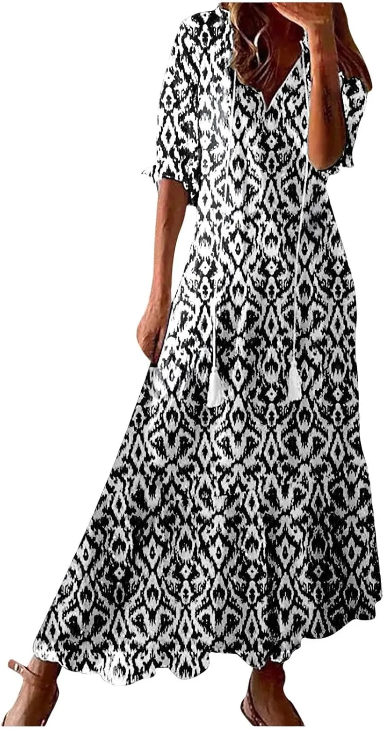 Boho Dress for Women Tassel V Neck Short Sleeve Maxi Dresses Ruffle Floral Printed Flowy A-Line Beach Dresses