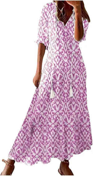 Boho Dress for Women Tassel V Neck Short Sleeve Maxi Dresses Ruffle Floral Printed Flowy A-Line Beach Dresses