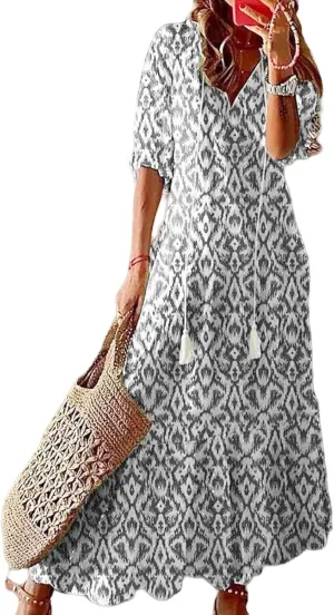 Boho Dress for Women Tassel V Neck Short Sleeve Maxi Dresses Ruffle Floral Printed Flowy A-Line Beach Dresses