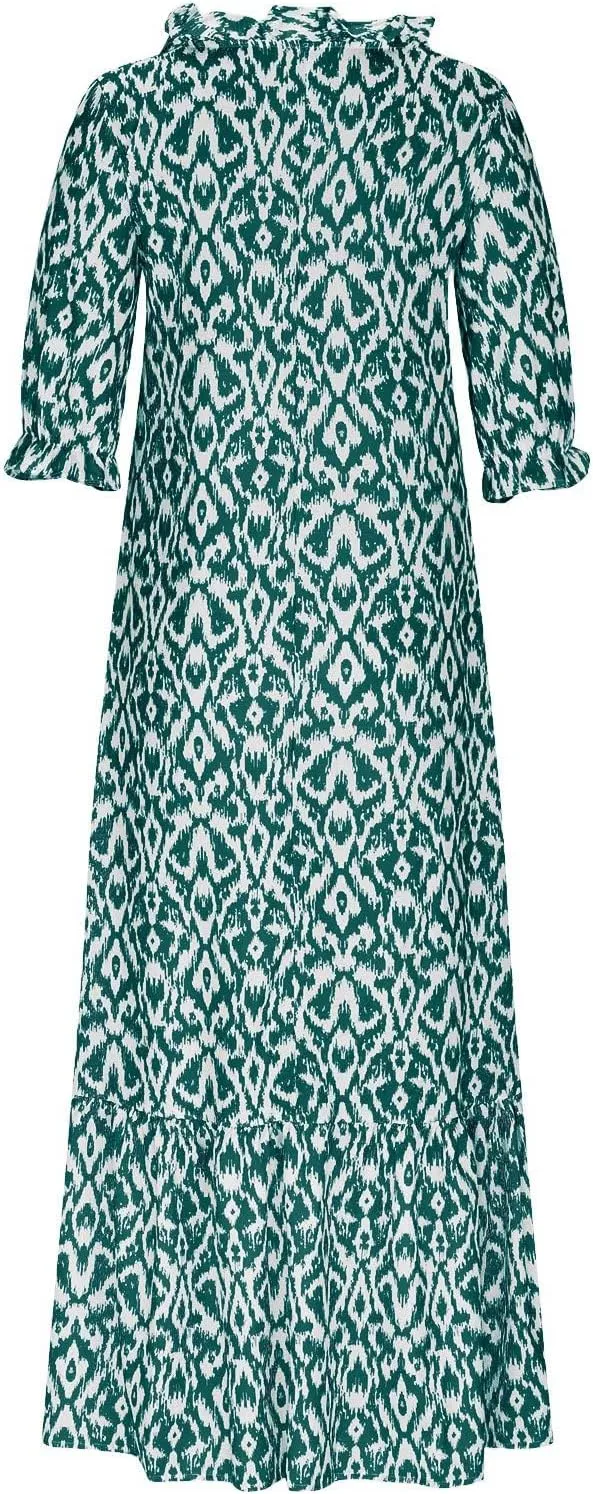 Boho Dress for Women Tassel V Neck Short Sleeve Maxi Dresses Ruffle Floral Printed Flowy A-Line Beach Dresses