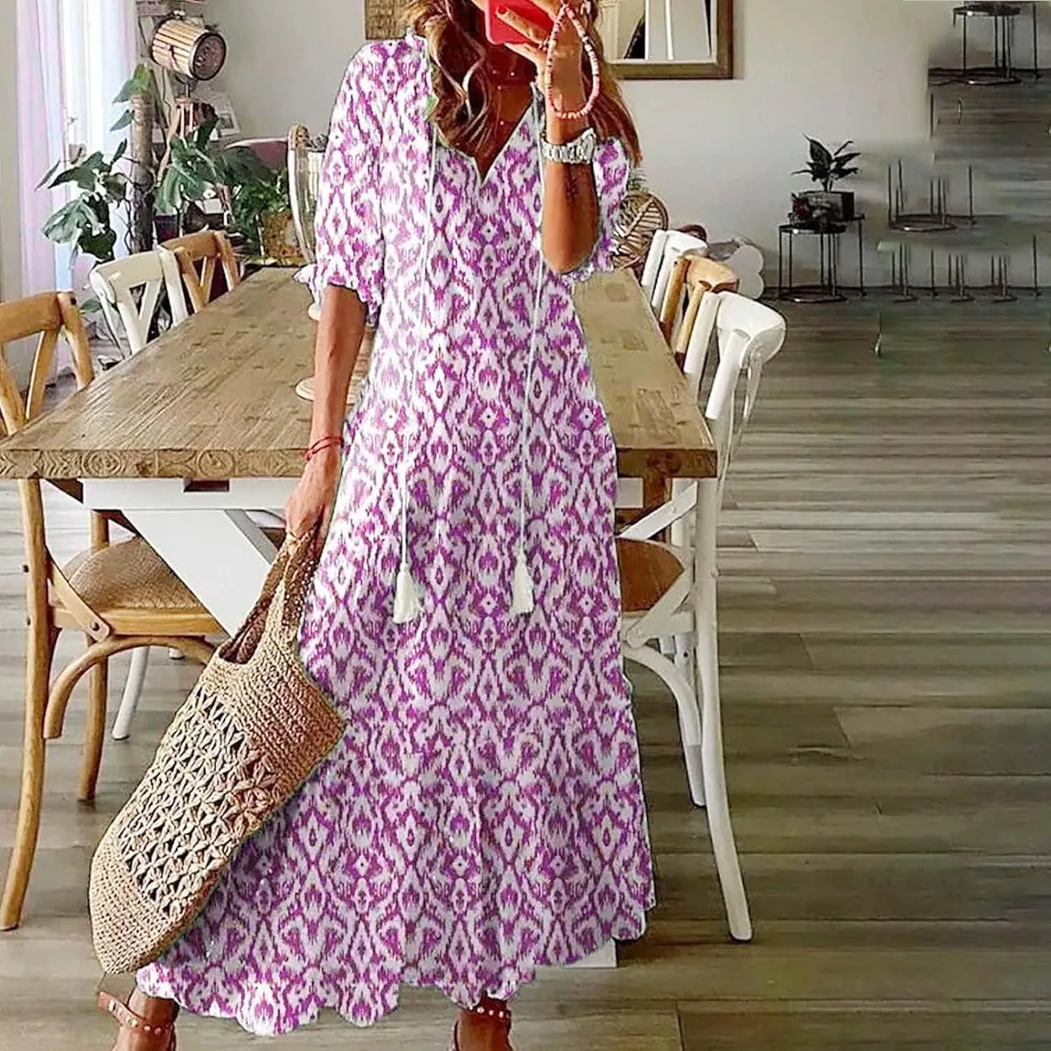 Boho Dress for Women Tassel V Neck Short Sleeve Maxi Dresses Ruffle Floral Printed Flowy A-Line Beach Dresses