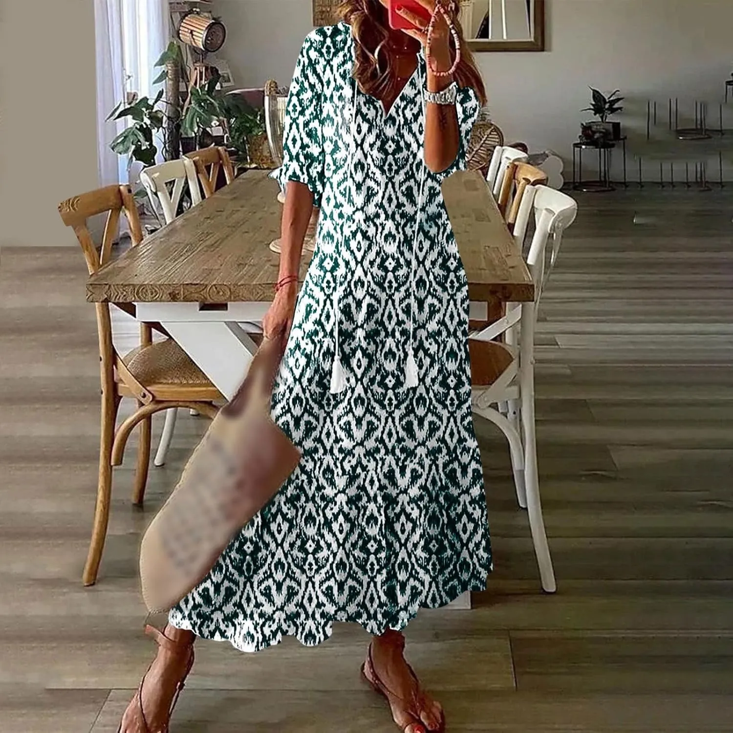 Boho Dress for Women Tassel V Neck Short Sleeve Maxi Dresses Ruffle Floral Printed Flowy A-Line Beach Dresses
