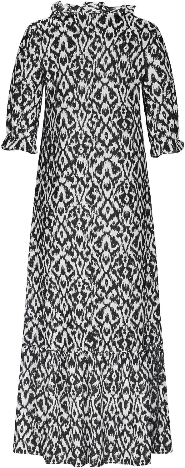 Boho Dress for Women Tassel V Neck Short Sleeve Maxi Dresses Ruffle Floral Printed Flowy A-Line Beach Dresses
