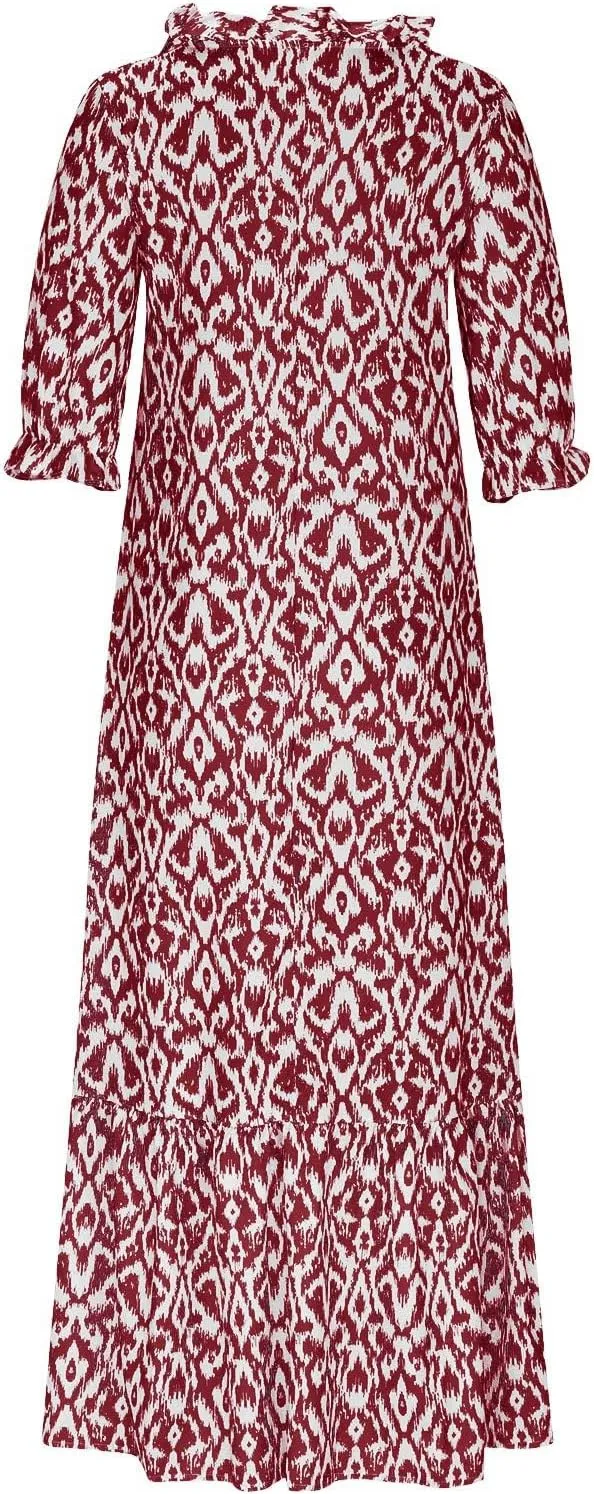 Boho Dress for Women Tassel V Neck Short Sleeve Maxi Dresses Ruffle Floral Printed Flowy A-Line Beach Dresses