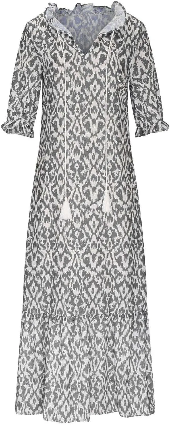 Boho Dress for Women Tassel V Neck Short Sleeve Maxi Dresses Ruffle Floral Printed Flowy A-Line Beach Dresses