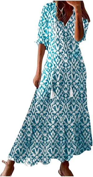Boho Dress for Women Tassel V Neck Short Sleeve Maxi Dresses Ruffle Floral Printed Flowy A-Line Beach Dresses