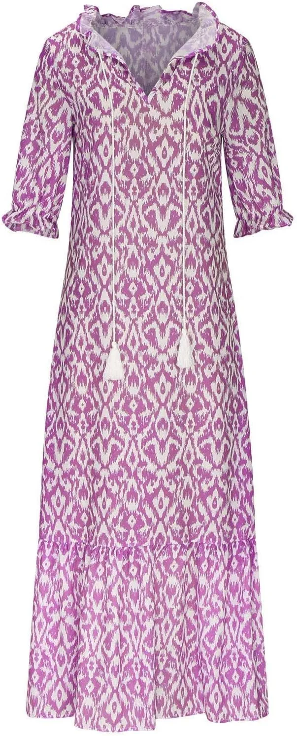 Boho Dress for Women Tassel V Neck Short Sleeve Maxi Dresses Ruffle Floral Printed Flowy A-Line Beach Dresses