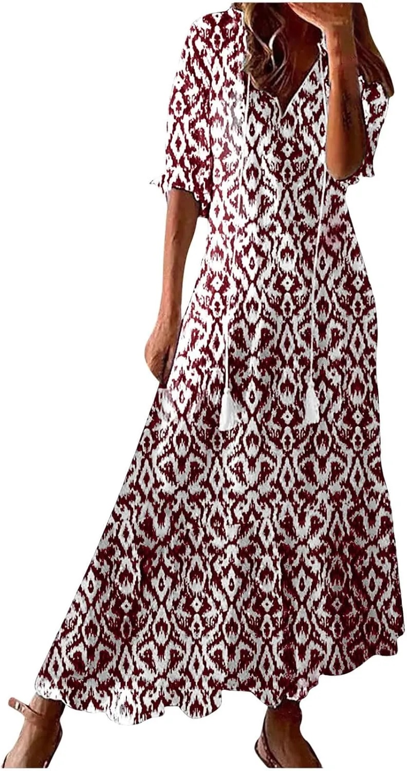 Boho Dress for Women Tassel V Neck Short Sleeve Maxi Dresses Ruffle Floral Printed Flowy A-Line Beach Dresses