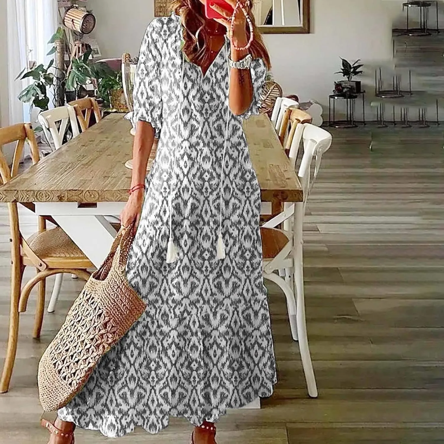 Boho Dress for Women Tassel V Neck Short Sleeve Maxi Dresses Ruffle Floral Printed Flowy A-Line Beach Dresses