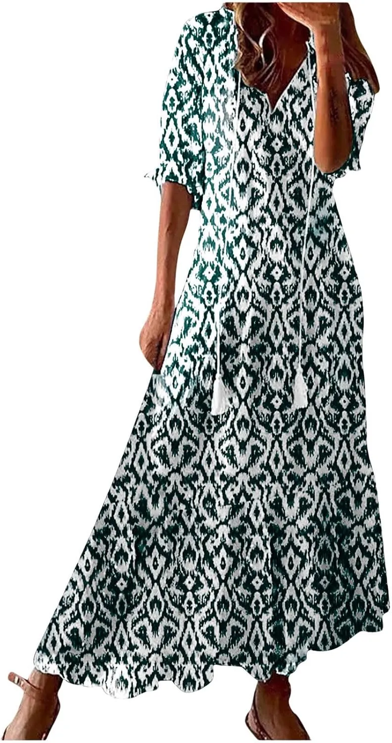 Boho Dress for Women Tassel V Neck Short Sleeve Maxi Dresses Ruffle Floral Printed Flowy A-Line Beach Dresses
