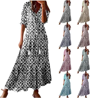 Boho Dress for Women Tassel V Neck Short Sleeve Maxi Dresses Ruffle Floral Printed Flowy A-Line Beach Dresses