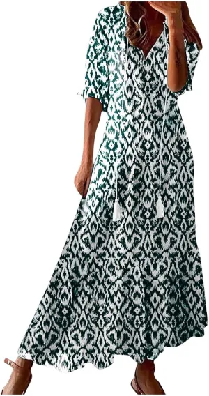 Boho Dress for Women Tassel V Neck Short Sleeve Maxi Dresses Ruffle Floral Printed Flowy A-Line Beach Dresses