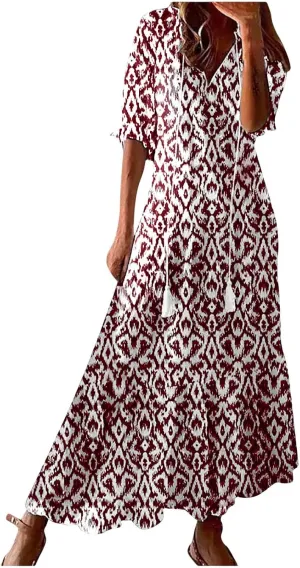 Boho Dress for Women Tassel V Neck Short Sleeve Maxi Dresses Ruffle Floral Printed Flowy A-Line Beach Dresses