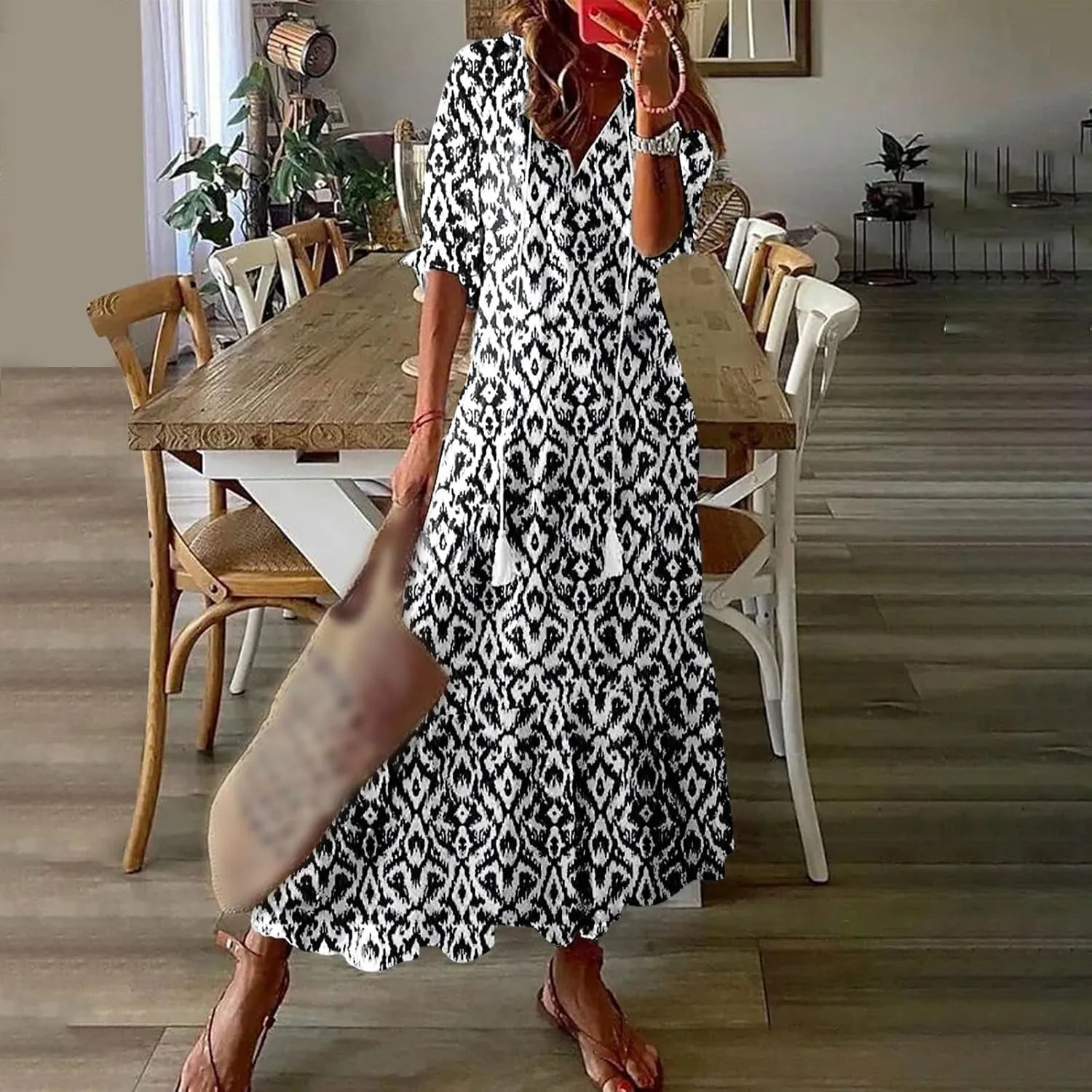 Boho Dress for Women Tassel V Neck Short Sleeve Maxi Dresses Ruffle Floral Printed Flowy A-Line Beach Dresses