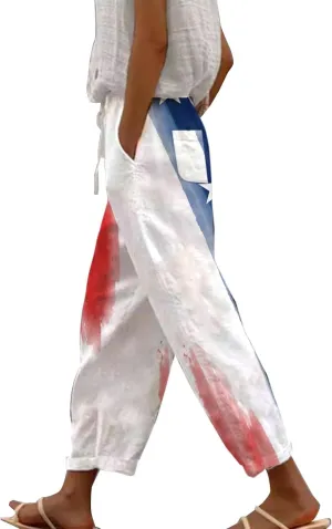 Boho Linen Pants for Women 2025 Sleeve Independence Day American Flag Print Family Print Pants Capri Pants 2025