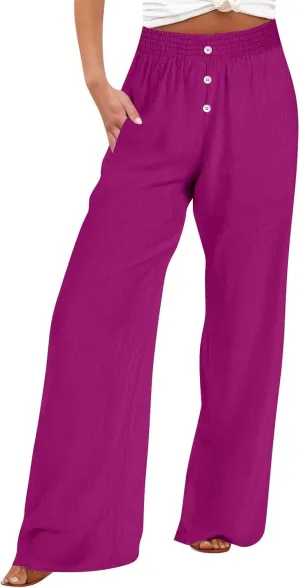 Boho Linen Pants for Women Petite Summer Wide Leg Casual Loose Drawstring High Waist Palazzo Trousers Pants Pockets