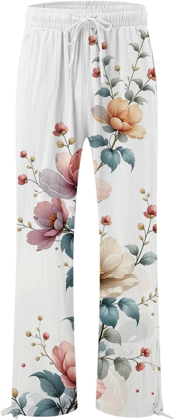 Boho Pants for Women Floral Print Cotton Linen Pant Elastic Waist Drawstring Summer Beach Baggy Trousers with Pocket