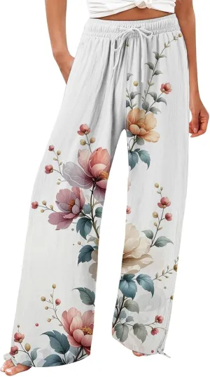 Boho Pants for Women Floral Print Cotton Linen Pant Elastic Waist Drawstring Summer Beach Baggy Trousers with Pocket