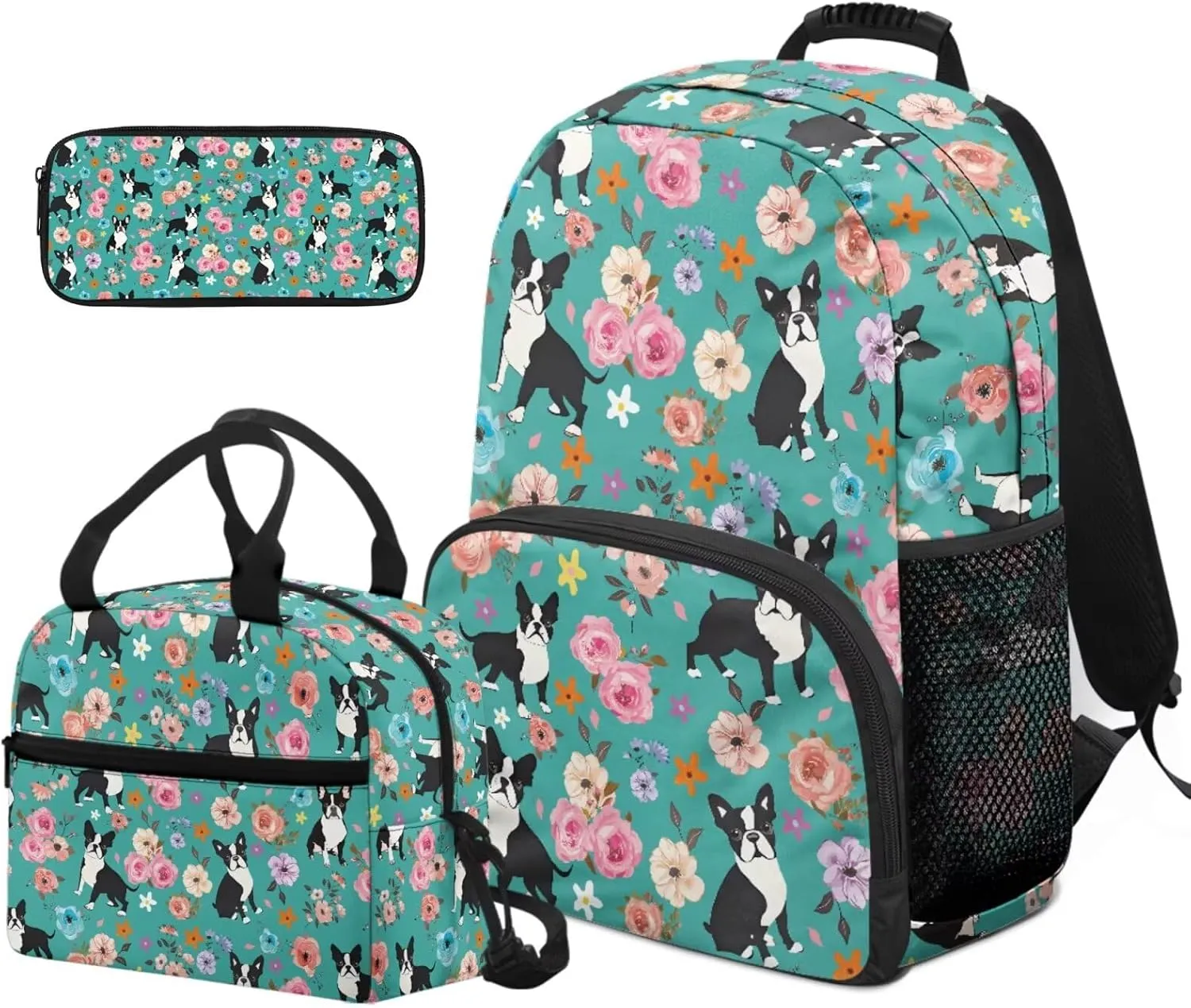 Boston Terrier Backpack for School Girls 6th Grade Classic Floral Kids Bookbag and Lunch Box Set 3 Piece Minimalist Pencil Case for Elementary School