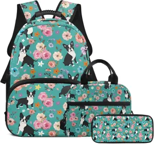 Boston Terrier Backpack for School Girls 6th Grade Classic Floral Kids Bookbag and Lunch Box Set 3 Piece Minimalist Pencil Case for Elementary School