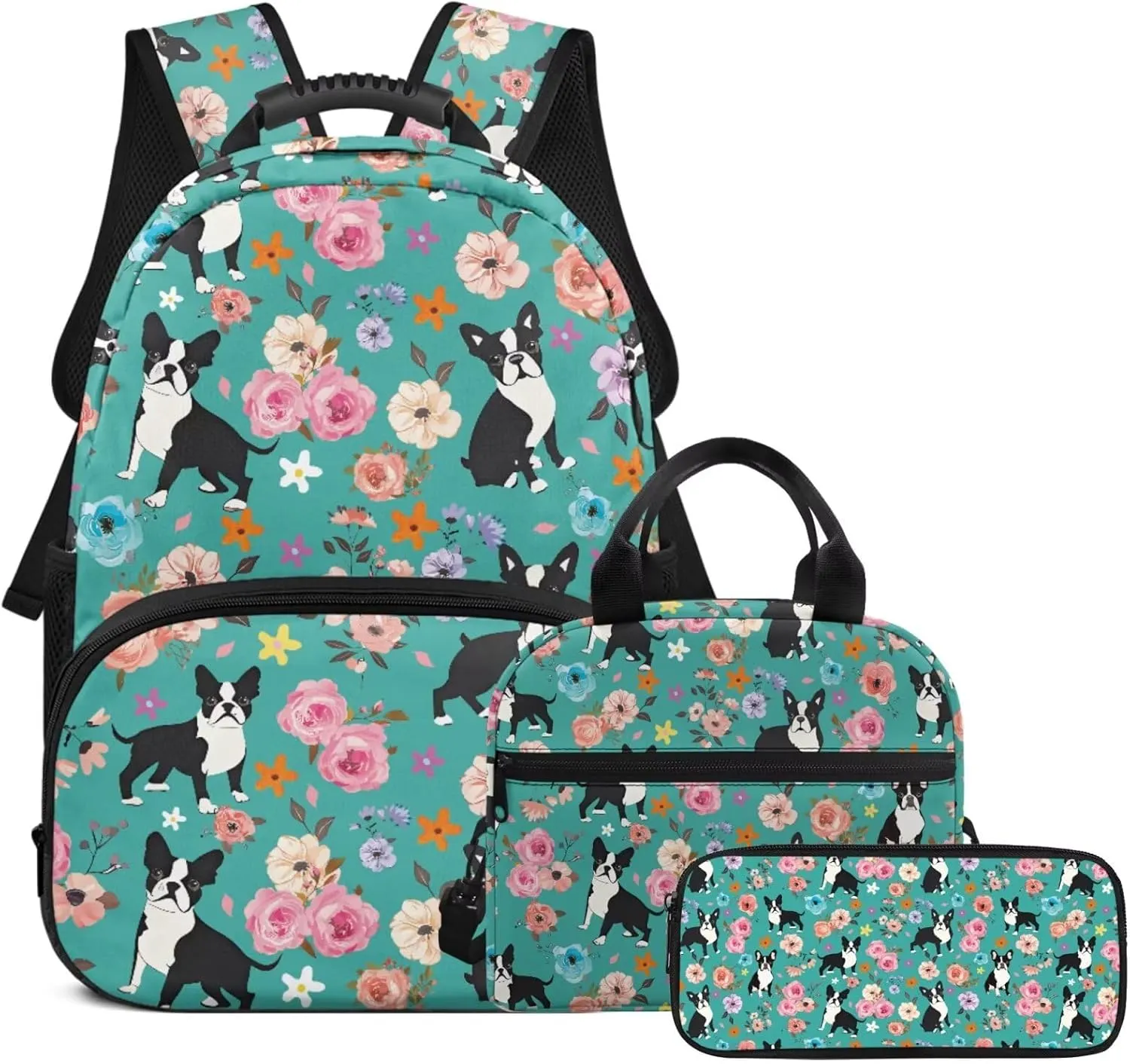 Boston Terrier Backpack for School Girls 6th Grade Classic Floral Kids Bookbag and Lunch Box Set 3 Piece Minimalist Pencil Case for Elementary School