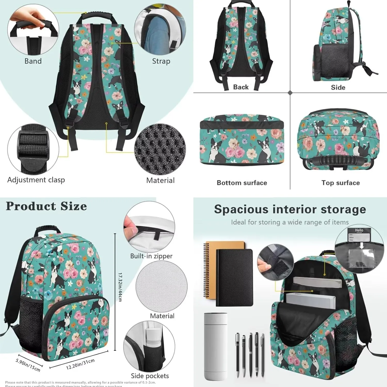 Boston Terrier Backpack for School Girls 6th Grade Classic Floral Kids Bookbag and Lunch Box Set 3 Piece Minimalist Pencil Case for Elementary School
