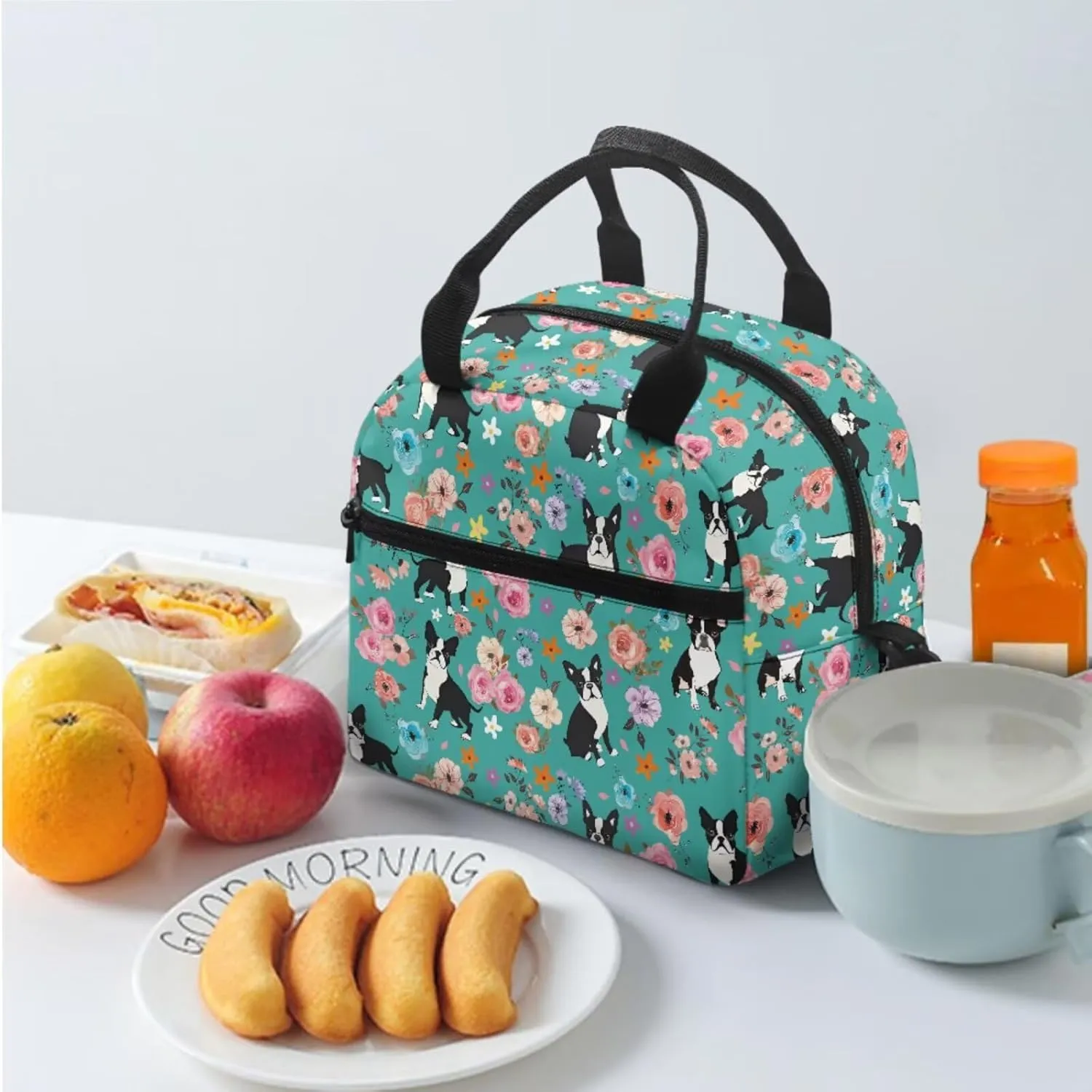 Boston Terrier Backpack for School Girls 6th Grade Classic Floral Kids Bookbag and Lunch Box Set 3 Piece Minimalist Pencil Case for Elementary School