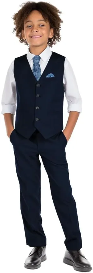Boys' 6-Piece Formal Slim Fit Suit Set, Vest, Pants, Dress Shirt, Tie, Pocket Square, and Bow Tie