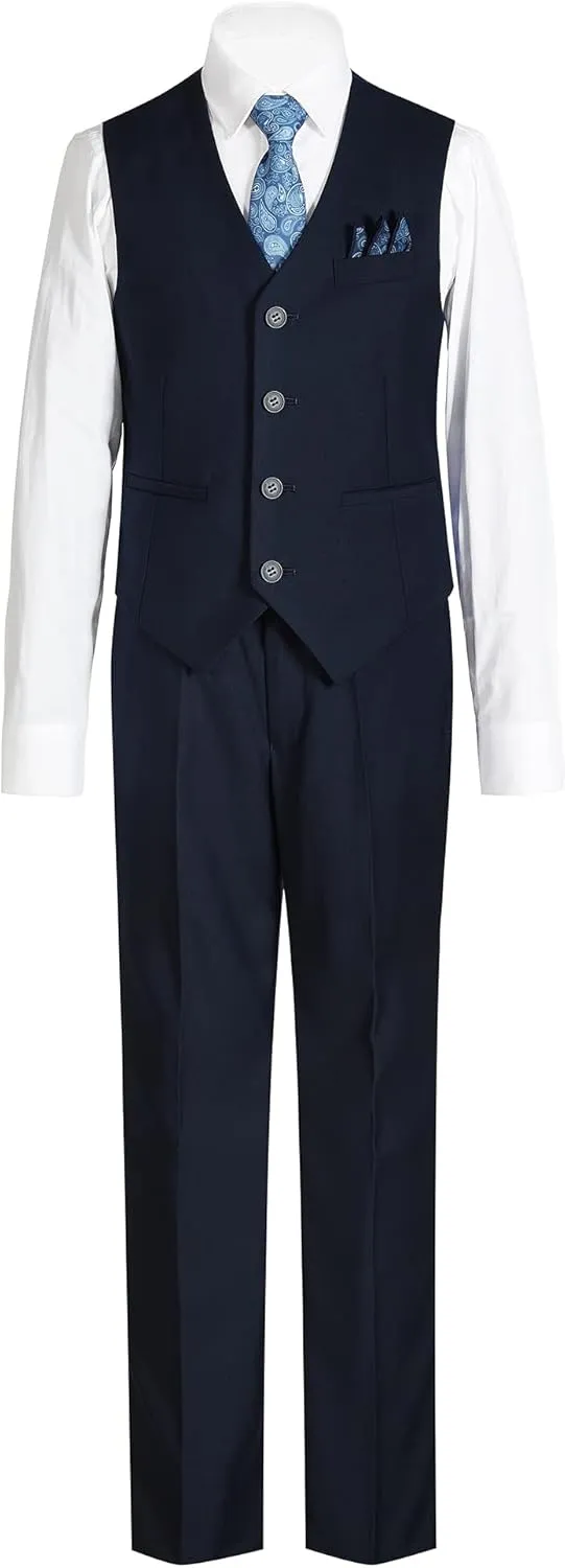 Boys' 6-Piece Formal Slim Fit Suit Set, Vest, Pants, Dress Shirt, Tie, Pocket Square, and Bow Tie